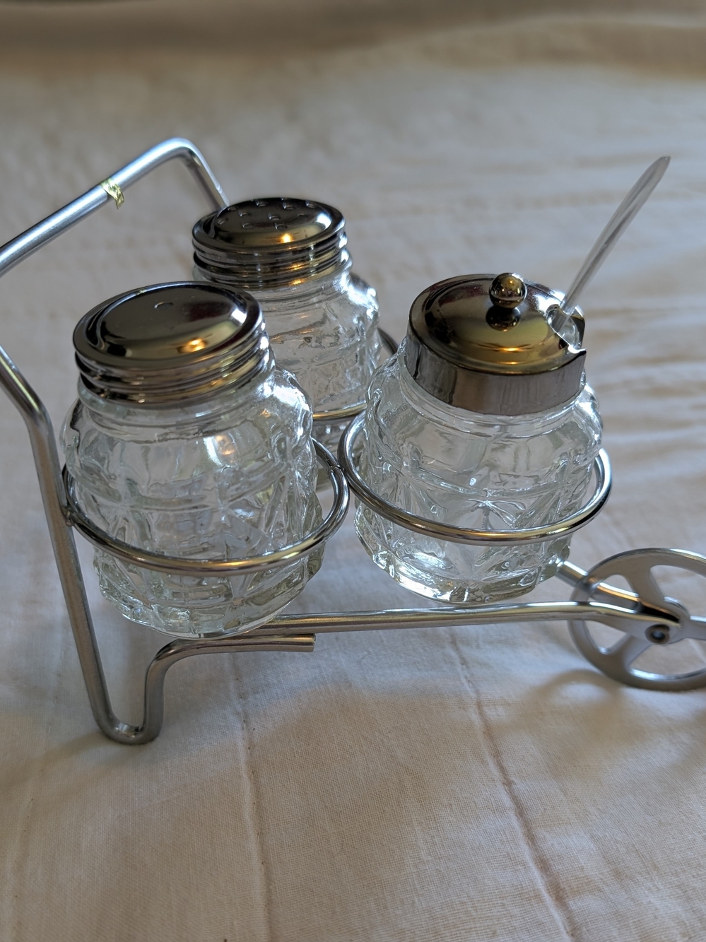Glass Condiment Set with Silver-Tone Lids and Stand